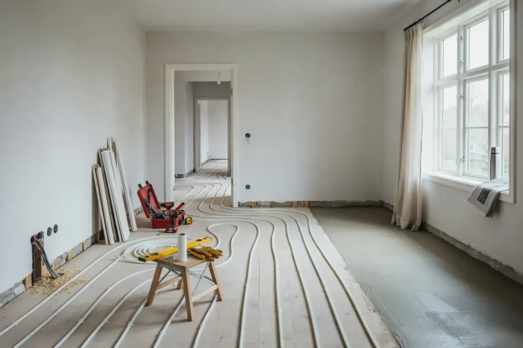 installation av vattenburen golvv rme i villa i m rbylund